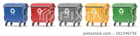 Garbage containers with separated garbage. Trash bins for plastic, glass, paper and organic. Segregate waste and garbage recycling concept Garbage containers with separated garbage. Trash bins for plastic, glass, paper and organic. Segregate waste and garbage recycling concept 102346736