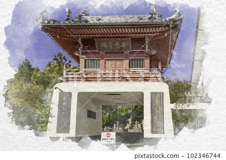 Watercolor-style Shikoku 88 Temple No. 7 Jurakuji Bell Tower Gate, Awa City, Tokushima Prefecture Watercolor-style Shikoku 88 Temple No. 7 Jurakuji Bell Tower Gate, Awa City, Tokushima Prefecture 102346744