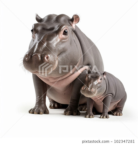 Pygmy hippopotamus and his cub isolated on white background close-up, interesting aquatic animal Pygmy hippopotamus and his cub isolated on white background close-up, interesting aquatic animal 102347281