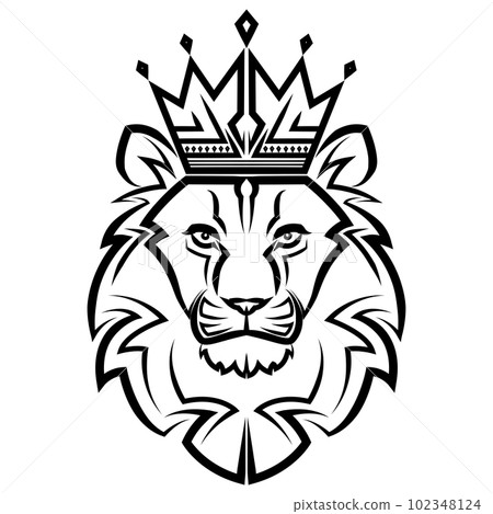 Black and white line art of the front of the lion king head with crown It is sign of leo zodiac Good use for symbol mascot icon avatar tattoo T Shirt design logo or any design 102348124