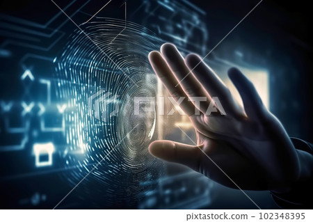 Biometrics identification and cyber security concept. Hand and holographic fingerprint on dark background. Generative AI illustration Biometrics identification and cyber security concept. Hand and holographic fingerprint on dark background. Generative AI illustration 102348395