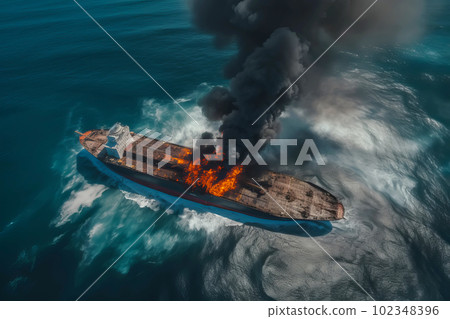 Aerial view of Cargo tanker ship explosion with fire and smoke. Generative AI illustration 102348396