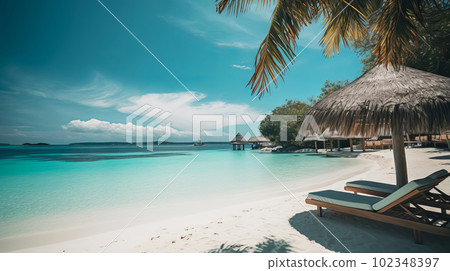 Chairs and umbrella on a sandy beach overlooking turquoise ocean. Generative AI illustration Chairs and umbrella on a sandy beach overlooking turquoise ocean. Generative AI illustration 102348397