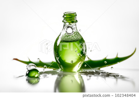 Fresh Aloe vera, droplets and cosmetic bottle on white background. Generative AI illustration Fresh Aloe vera, droplets and cosmetic bottle on white background. Generative AI illustration 102348404