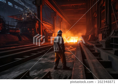 A steelmaker in a helmet at a metallurgical furnace watches hot steel pour out of it. Far plan. Generative AI 102348871