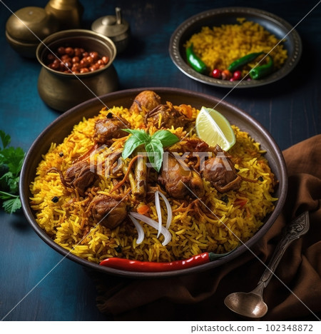 Nasi Biryani, a South Asian Indian dish of spiced rice and meat. 102348872