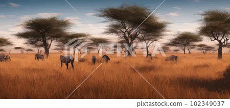 Wild savanna landscape. Savannah, wild African nature with trees, grass, sand 102349037