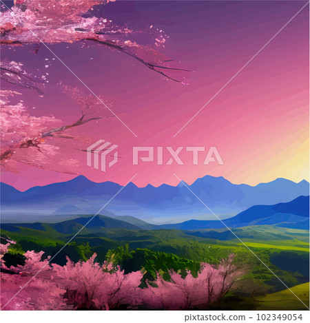 Tree pink sakura flowers, flowering branches against backdrop mountain sky 102349054