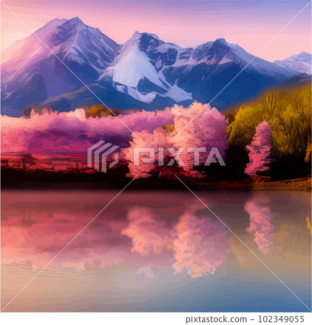 Bright morning landscape with sky. Branches flowering cherry trees against Bright morning landscape with sky. Branches flowering cherry trees against 102349055