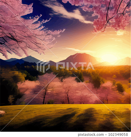Tree pink sakura flowers, flowering branches against backdrop mountain sky 102349058