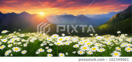 Vector illustration white chamomile flowers and grass on hills, against 102349061