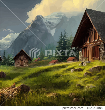 Vector illustration small hut in forest against backdrop mountains, forest Vector illustration small hut in forest against backdrop mountains, forest 102349088
