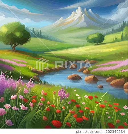 Picturesque meadow with wildflowers in bloom and mountain range in background Picturesque meadow with wildflowers in bloom and mountain range in background 102349284