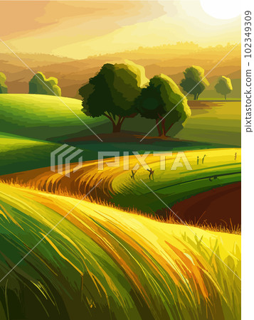 Agriculture, nature and farming. Harvest, field, trees and blank vertical poster vector illustration. Farms for poster 102349309