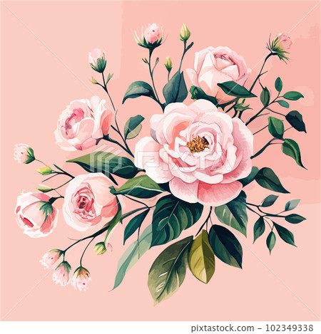 Watercolor floral bouquet blush pink roses flower green leaf leaves branches Watercolor floral bouquet blush pink roses flower green leaf leaves branches 102349338