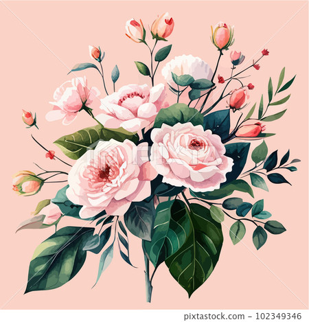 Watercolor floral bouquet blush pink roses flower green leaf leaves branches 102349346