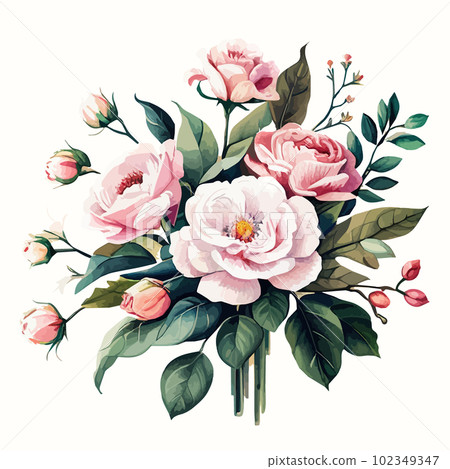 Spring floral bouquet watercolor flowers pink roses, vector Illustration. 102349347