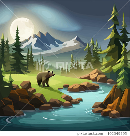 Vector illustration brown bear standing by a river in forest with mountains 102349395