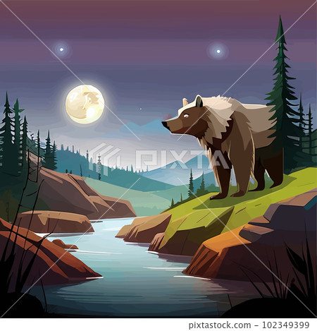 Vector illustration brown bear standing by a river in forest with mountains Vector illustration brown bear standing by a river in forest with mountains 102349399