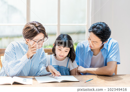 Girl studying and family teaching Girl studying and family teaching 102349416