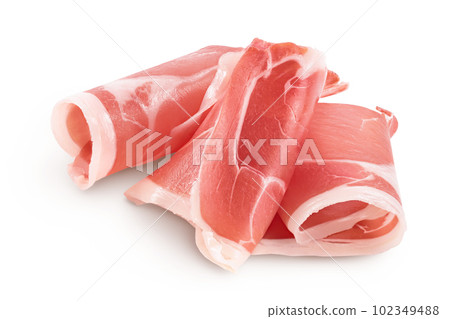 Italian prosciutto crudo or spanish jamon. Raw ham isolated on white background with full depth of field. Italian prosciutto crudo or spanish jamon. Raw ham isolated on white background with full depth of field. 102349488