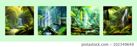 Jungle waterfall vector illustration. Fantasy mystical fauna. Tropical forest 102349649