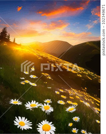 Spring landscape poppy field on background mountains with. Sunset sky, wildlife Spring landscape poppy field on background mountains with. Sunset sky, wildlife 102349671