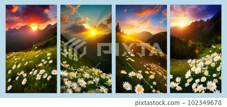 Spring landscape poppy field on background mountains with. Sunset sky, wildlife Spring landscape poppy field on background mountains with. Sunset sky, wildlife 102349678