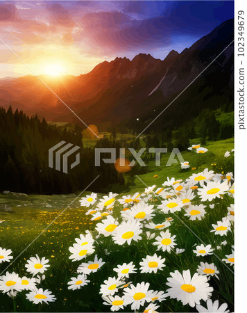 Spring landscape poppy field on background mountains with. Sunset sky, wildlife Spring landscape poppy field on background mountains with. Sunset sky, wildlife 102349679