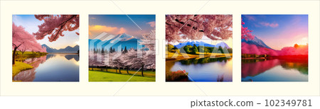 Spring landscape with cherry blossom sakura, green meadow on hill, blue sky Spring landscape with cherry blossom sakura, green meadow on hill, blue sky 102349781