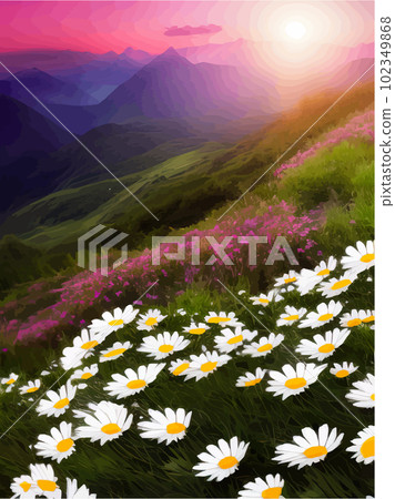 Spring landscape poppy field on background mountains with. Sunset sky, wildlife Spring landscape poppy field on background mountains with. Sunset sky, wildlife 102349868