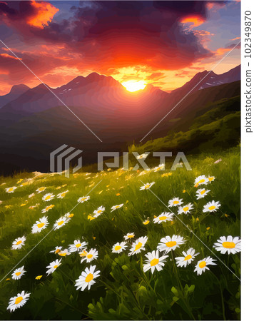 Spring landscape poppy field on background mountains with. Sunset sky, wildlife Spring landscape poppy field on background mountains with. Sunset sky, wildlife 102349870