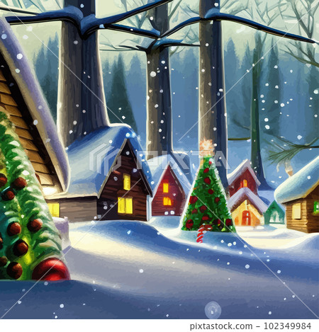 Merry Christmas and Happy New Year. Winter forest, city street with houses Merry Christmas and Happy New Year. Winter forest, city street with houses 102349984