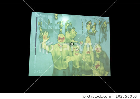 Thermography - infrared thermovision with crowd of people Thermography - infrared thermovision with crowd of people 102350016