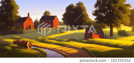 Village summer landscape. Village houses in traditional style. Trees near 102350102