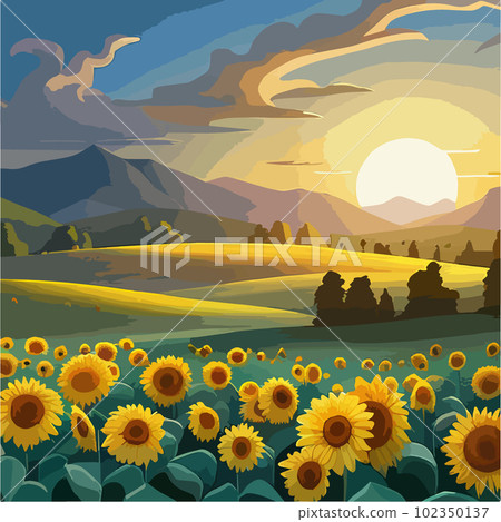 Rural landscape with field sunflowers, farm, fields, meadows and forests Rural landscape with field sunflowers, farm, fields, meadows and forests 102350137