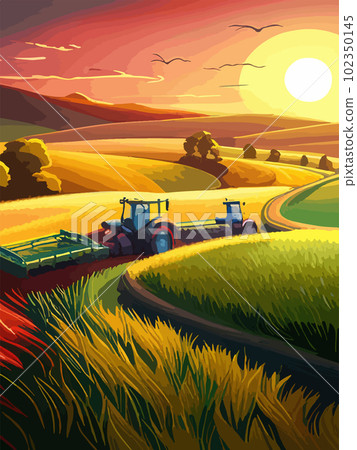 Agriculture, nature and farming. Harvest, field, trees and blank vertical poster vector illustration. Farms for poster 102350145