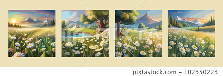 banner set chamomile field vector illustration A field of wild white flowers of daisies banner set chamomile field vector illustration A field of wild white flowers of daisies 102350223