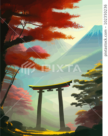 Torii japanese shinto next to japanese colored forest with mountains 102350236