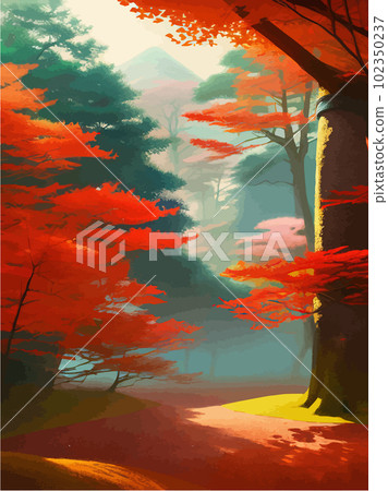 Torii japanese shinto next to japanese colored forest with mountains Torii japanese shinto next to japanese colored forest with mountains 102350237