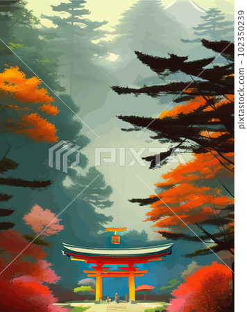 Torii japanese shinto next to japanese colored forest with mountains 102350239