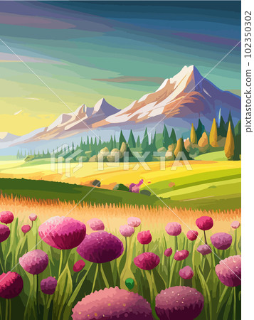 Spring nature and landscape. Vector illustration of mountains, flowers, plants, fields, vertical post background. Picture for background, postcard or cover Spring nature and landscape. Vector illustration of mountains, flowers, plants, fields, vertical post background. Picture for background, postcard or cover 102350302