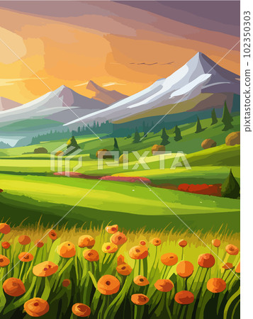 Spring nature and landscape. Vector illustration of mountains, flowers, plants, fields, vertical post background. Picture for background, postcard or cover Spring nature and landscape. Vector illustration of mountains, flowers, plants, fields, vertical post background. Picture for background, postcard or cover 102350303