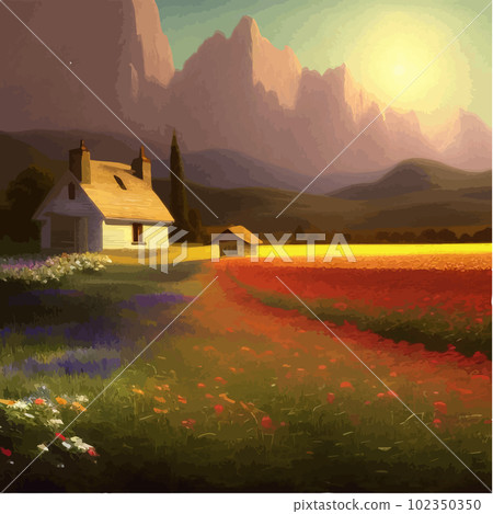 Landscape with house and flowery red fields against backdrop mountains. Vector 102350350