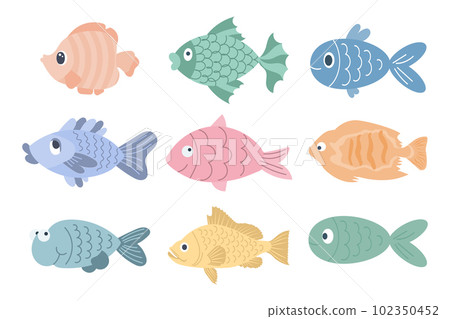 Collection of colorful cute sea fishes. Icons in cartoon style for children, vector Collection of colorful cute sea fishes. Icons in cartoon style for children, vector 102350452