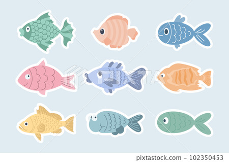 Collection of colorful stickers with cute fish. Icons in cartoon style for children, vector Collection of colorful stickers with cute fish. Icons in cartoon style for children, vector 102350453