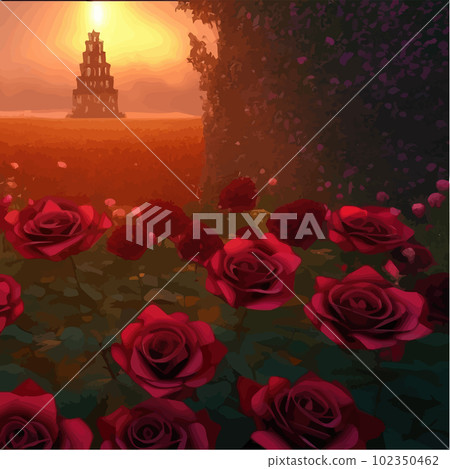 Dark fabulous field red roses and mysterious tower against background bright Dark fabulous field red roses and mysterious tower against background bright 102350462