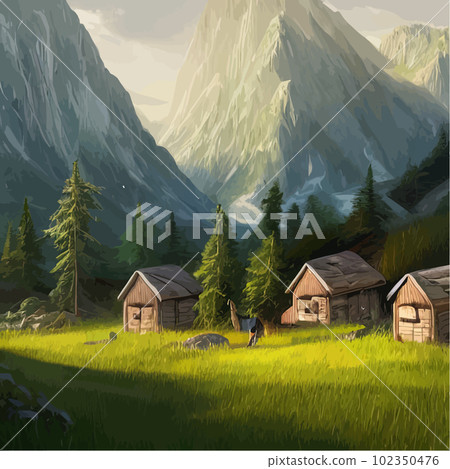 Small wooden houses in forest against backdrop mountains. Beautiful peaceful Small wooden houses in forest against backdrop mountains. Beautiful peaceful 102350476