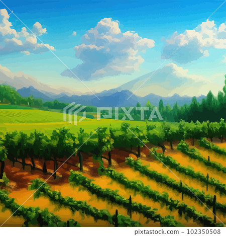 Beautiful grape plantation hills, trees, clouds against backdrop of mountains 102350508