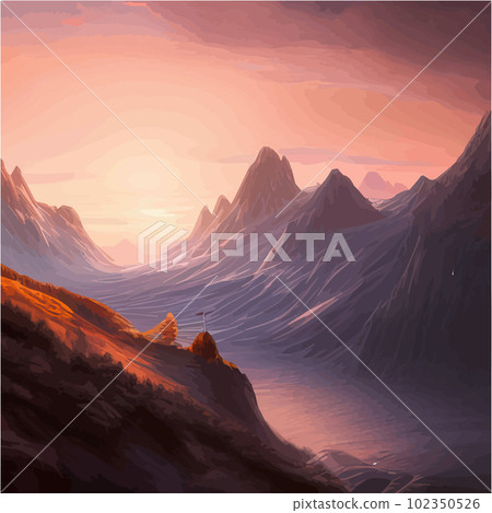 Incredible mountain landscape with forest and river. Vector illustration. 102350526